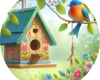 May include: A wooden birdhouse with a green roof and floral decorations sits on a branch with a bluebird perched on the branch. The birdhouse has a small opening for birds to enter. The background is a green and blue landscape with flowers.