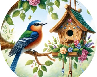 May include: A blue and green bird perched on a branch with a small wooden birdhouse decorated with flowers. The birdhouse has a green roof and a small opening for birds to enter. The background is a blurred image of a garden with flowers.