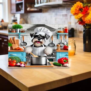 Schnauzer Cooking a Pot of Stew 8 x 11 Glass Decorative Cutting Board | Kitchen Decor | Serving Tray | Dog Lover | Chef Hat | Apron | Island