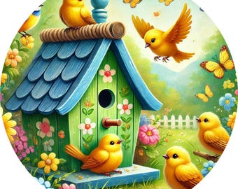 May include: A colourful illustration featuring a green birdhouse with a blue roof, decorated with white flowers. Yellow birds are perched around the house, with butterflies in flight. The scene is set in a garden with flowers and a white picket fence.