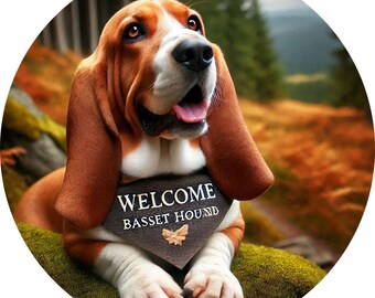 Welcome Bassett Hound 8 inch metal wreath sign | Dog Lover | Pet Portrait | Wall Hanging | Wall Art | Gift | Entryway | Nature | Outdoors