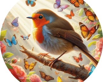 May include: A robin perched on a branch with colourful butterflies flying around it. The robin has a red breast and is surrounded by flowers and leaves.