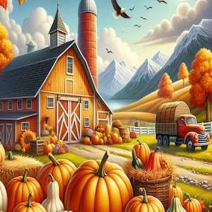 May include: A vibrant autumn scene featuring a barn, pumpkins, and a red truck. The image showcases a harvest theme with pumpkins of various shapes and sizes, fall foliage, and a rural landscape under a blue sky with birds.