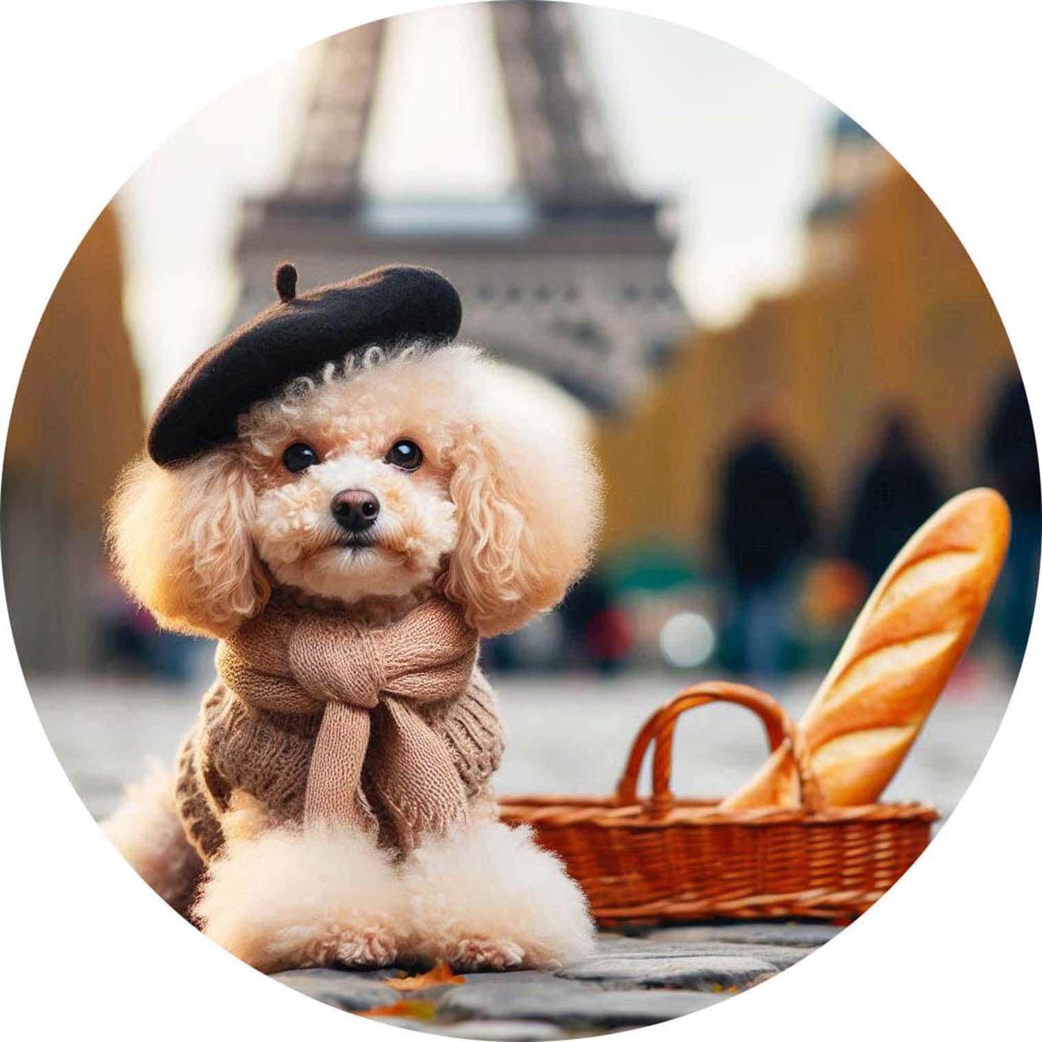 French Poodle in France Wearing a Beret With a Basket of 