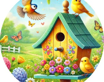 May include: A yellow birdhouse with a green roof and colourful flowers sits in a field of green grass and flowers. Two yellow birds are perched on the birdhouse, and a blue bird is flying in the air.