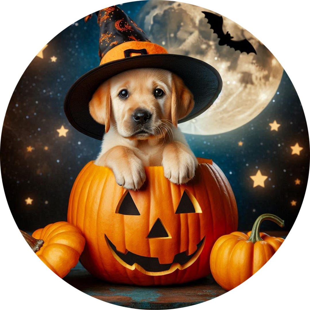 Golden Retriever Puppy Wearing Witch Hat Popping Out of Pumpkin With ...