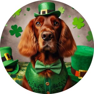 May include: A brown and white dog wearing a green leprechaun hat, a green bow tie, and a green sparkly vest. The dog is surrounded by green shamrocks.