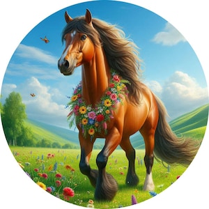 May include: A brown horse with a long flowing mane and tail runs through a field of wildflowers. The horse is wearing a wreath of colorful flowers around its neck.
