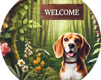 Welcome Beagle Dog 8 inch metal wreath Sign | Home Decor | Dog Lover | Front Door | Housewarming Gift | Pet Portrait | Wall Art