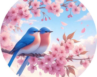 May include: Two bluebirds perched on a branch of a cherry blossom tree with pink flowers. The birds are facing each other and the background is a light blue sky with white clouds.