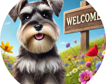 Welcome Mini Schnauzer 8 or 10 inch metal wreath Sign | Home Decor | Lover | Front Door | Housewarming Gift | Pet Portrait | Wall | Hanging