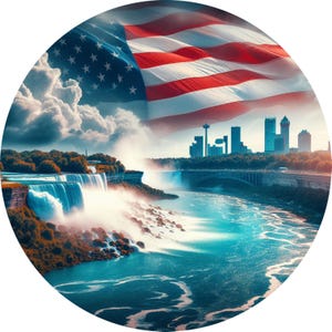 May include: A scenic view of Niagara Falls with a large American flag waving in the wind above the falls. The city skyline of Niagara Falls, New York is visible in the background.