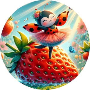 May include: A red ladybug wearing a pink tutu dances on top of a large red strawberry. The ladybug has black spots and a black head with white eyes. The strawberry is surrounded by green leaves and there are other strawberries in the background.