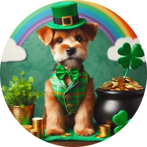 May include: A brown and white dog wearing a green leprechaun hat, a green plaid vest, and a green bow tie. The dog is sitting in front of a pot of gold coins and a rainbow.