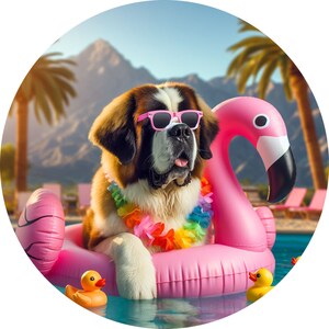 May include: A Saint Bernard dog wearing pink sunglasses and a colorful lei floats in a pink flamingo pool float in a swimming pool. Two yellow rubber duckies are in the water.
