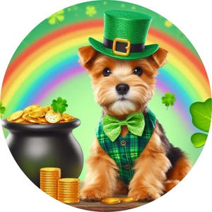 May include: A digital illustration of a Yorkshire Terrier puppy dressed for St. Patrick's Day. The puppy wears a green hat, vest, and bow tie, with a pot of gold and a rainbow in the background. Gold coins are stacked in the foreground.