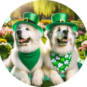 May include: Two fluffy white dogs wearing green St. Patrick's Day hats and bandanas. One dog has a solid green bandana, the other has a white and green shamrock pattern. They are sitting in a sunny garden setting.
