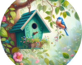 May include: A teal blue birdhouse with a green roof hangs from a tree branch. The birdhouse has a small opening for birds to enter. A bluebird with a brown breast sits on a branch in front of the birdhouse.