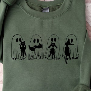 Halloween Cat Sweatshirt, Ghost Sweatshirt, Ghost Cat Shirt, Happy Halloween, Retro Spooky Season, Black Cat Sweatshirt