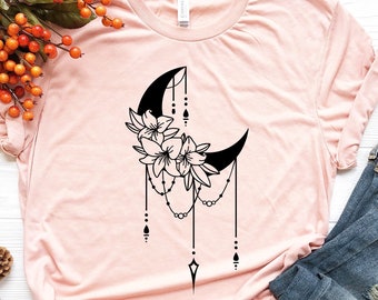 Crescent Moon Floral Mandala Shirt - Celestial Boho Tee