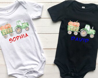 Personalized Pumpkin Tractor Kids Shirt, Halloween Green Tractor Toddler T-Shirt, Custom Halloween Kids Tees, Custom Halloween Boys Shirt,