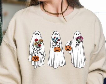 Floral Ghost Sweatshirt, Floral Ghost Shirt, Halloween Ghost Sweatshirt, Flower Halloween Shirt, Fall Sweater, Vintage Retro Sweatshirt,
