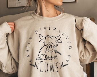 Easily Distracted By Cows Shirt,Cow Sweatshirt,Aesthetic Sweater,Funny Cow Shirt,Farm Love Shirts,Farm Animal Tshirt,Humorous Saying Sweater