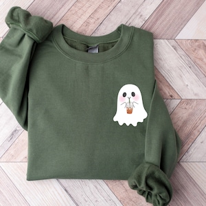 Halloween Pocket Size Ghost Shirt, Little Ghost Coffee Tee, Ghost Pocket Tee, Cute Ghost Drinking Coffee, Spooky Season, Halloween Shirt