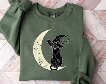 Halloween Sweatshirt, Black Cat Shirt, Halloween Sweater, Halloween Cat Sweatshirt, Gift for Cat Lover Gift, Black Cat Gift for Cat Mom Gift