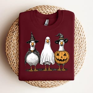 May include: A maroon sweatshirt featuring a Halloween-themed graphic of three geese. One goose is dressed as a witch, another as a ghost, and the third as a jack-o'-lantern. The geese are standing on a patch of grass, with a woven background.