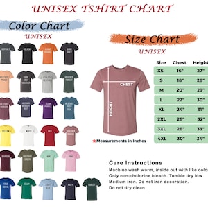 May include: A unisex t-shirt chart with a color chart and size chart. The color chart displays various t-shirt colors, including black, red, and navy. The size chart shows chest and height measurements in inches, ranging from XS to 4XL.