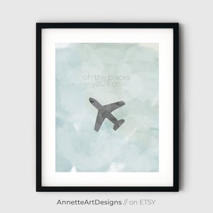 Watercolor Airplane Silhouette, Printable Wall Art, Home Decor, Instant Digital Download - Oh The Places You&#39;ll Go