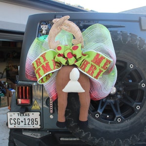 Reusable brown, green and red Plushy deer butt Christmas decoration for cars, trucks and Jeeps