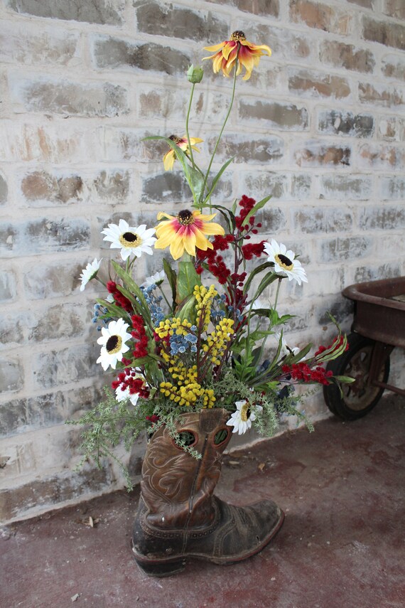 Home Décor Ridden hard Cowboy boots with wild flowers Floral ...