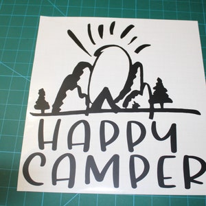 Happy camper! camping decal with mountains, trees, tent and sun decal for Car, truck, RV or jeep