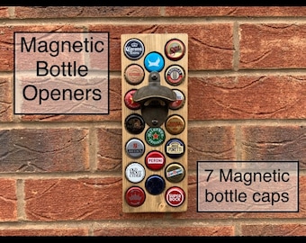 Magnetic bottle opener with cap catcher bottle caps. Wall mounted - Barware ideal home bar / garden bar / Man cave - handmade - Gift idea