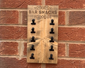 Bar snacks holder / dispenser/ clip board - wall mounted ideal for home bar, pub, mancave - Barware, Handmade in the UK - gift idea