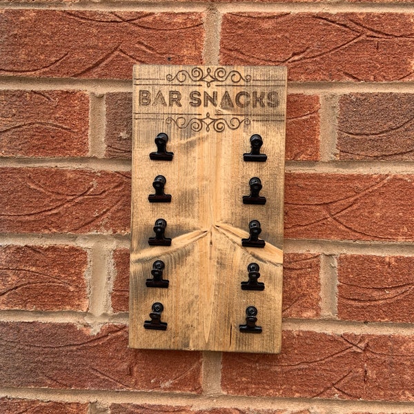 Bar snacks holder / dispenser/ clip board - wall mounted ideal for home bar, pub, mancave - Barware, Handmade in the UK - gift idea