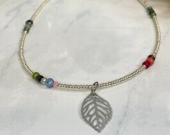 Leaf Necklace, Silver Beaded Fall Nacklace