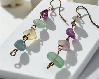 Fluorite Dangle Earrings: Multicolor Gemstone Chips