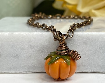 Pumpkin Pendant Necklace, Handmade Lampwork Glass Pumpkin Necklace, Orange Pumpkin Necklace