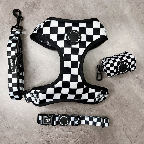 Black and White Checkerboard Dog Harness Bundle, Checkerboard Dog Harness, Small Dog Harness, Retro Dog Harness, Puppy Dog Harness, XXS-L