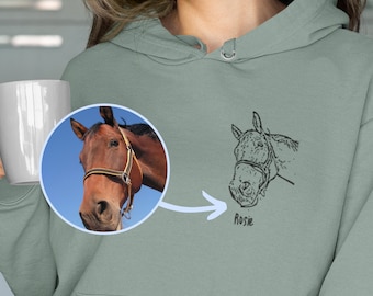 Sudadera con capucha personalizada con retrato de caballo, regalo personalizado para mascotas, regalo para amantes de los caballos, regalo para el propietario de caballos, regalos de caballos, arte de línea de caballos