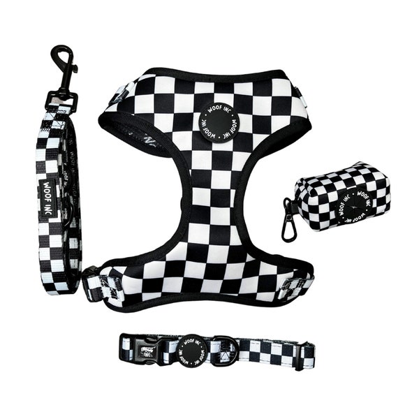 Schwarz und weiß Schachbrett Hundegeschirr Set, verstellbares Hundegeschirr, Retro Hundegeschirr, Welpe Hundegeschirr, XS - L, Hundegeschirr und Leine