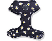 Black Daisy Dog Harness: Adjustable Floral Puppy Harness (XS-L)