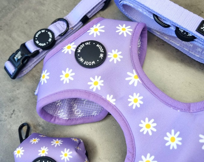 Daisy Dog Harness Bundle, Floral Dog Harness, Small Dog Harness, Girl Dog Harness, Purple