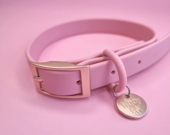Dusty Pink Waterproof Dog Collar: Durable PVC with Gold Hardware