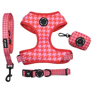 Red Pink Houndstooth Dog Harness Bundle: Adjustable Soft Neoprene