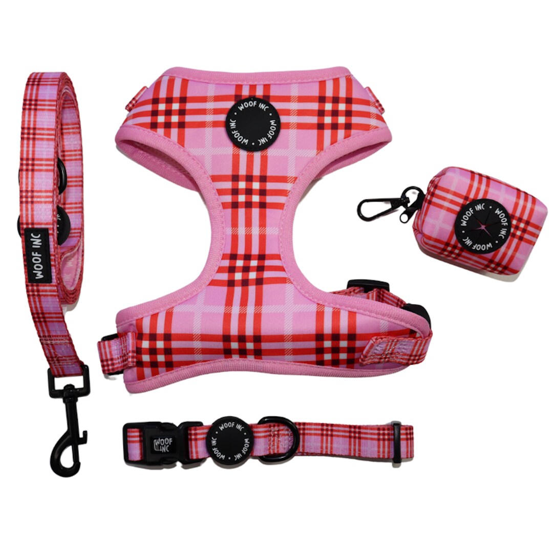 Pink Plaid Dog Harness, Pink Tartan Dog Harness Bundle, Pink Dog