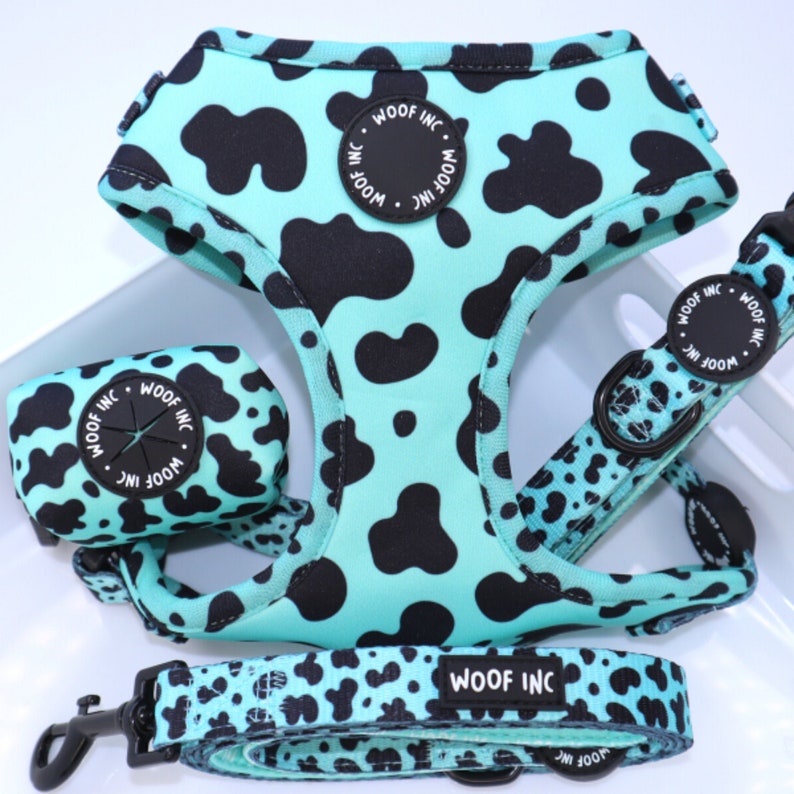 Mint Cow Print Harness Bundle Cow Print Dog Harness Small | Etsy
